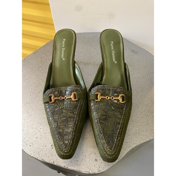 PIERRE DUMAS Kitten Heel Mule Croc Embossed Suede Deep Green Gold Buckle Sz. 11M - Picture 1 of 15